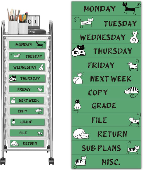 BBRGIRL 12 PCS Teacher Rolling Cart Labels, 10 Drawer Storage Cart Labels for