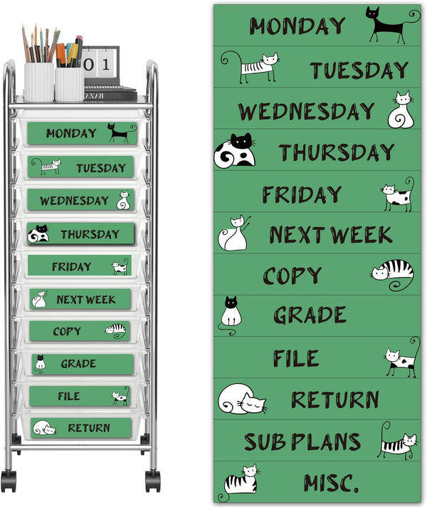 BBRGIRL 12 PCS Teacher Rolling Cart Labels, 10 Drawer Storage Cart Labels for