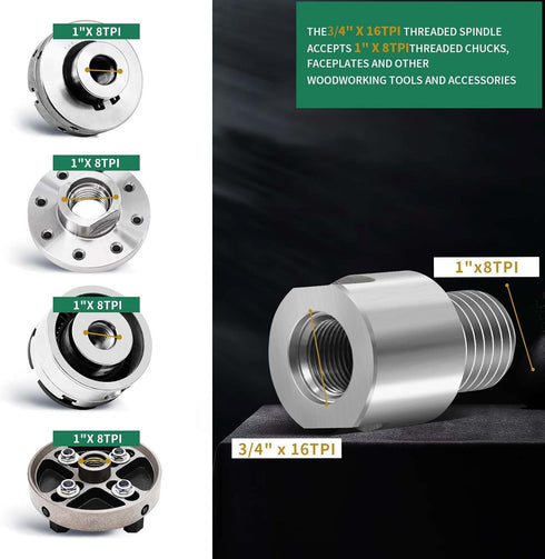 Lathe Headstock Spindle Adapter, Converts FT 3/4" x 16 to MT 1" x 8 TPI for Woodworking Lathe
