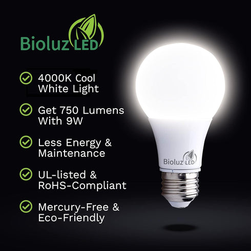 Bioluz LED 60 Watt Light Bulbs, 4000K Cool White, 9 Watts = 60W, Non-Dimmable A19 LED Light Bulbs, 6 Pack