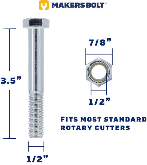 Grade 5 Shear Bolts for Rotary Cutters 1/2" x 3-1/2" with Nylock Nuts, 12 Pack