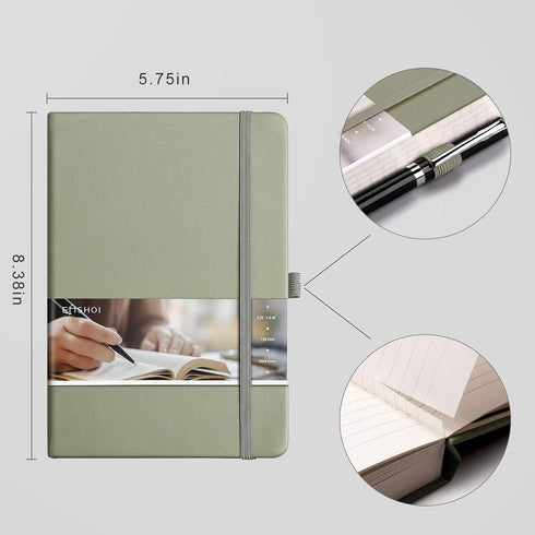 EMSHOI Lined Journal Notebook - 120gsm Thick Leather Journal with Sticky Notes, 256 Numbered Pages A5 Hardcover College Ruled Notebook for Women Men Work School Writing, Medium 5.75" x 8.38"-Green by EMSHOI