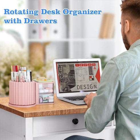 LETURE Rotating Office Desk Organizers with 2 Drawer, Pencil Pen Marker Holder for Desktop Storage Organizers and