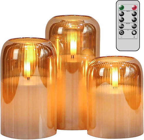 Eldnacele Gold Glass Flameless Candles with Remote and Timer, Battery Operated 3D