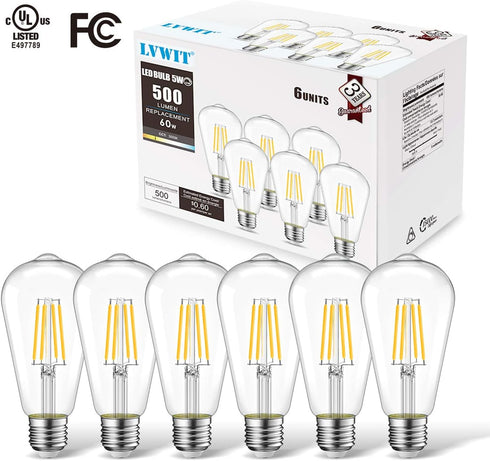 ST21 Bulb 5W(60 Dimmable 3000K Bulb E26 (6-Pack) (5W-Soft LVWIT LED Filament Watt Equivalent) Soft White Vintage Edison
