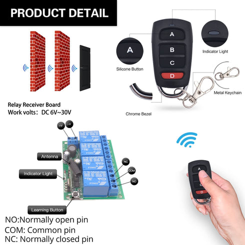 DieseRC DC 12V 24V 4CH Wireless Remote Control Switch, 10A 4-Channels 433Mhz Relay Receiver with 2 RF Transmitters