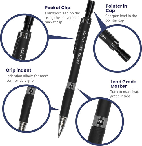 Pacific Arc 2mm Collegiate Lead Holder and Sharpener, Black Drafting Pencil for Artists