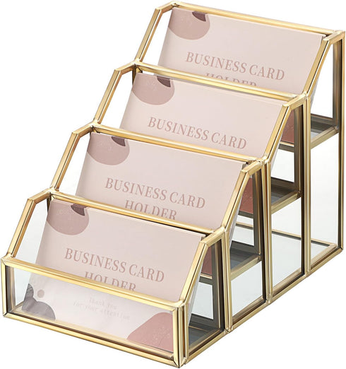Hipiwe 4 Slots Glass Business Card Holder for Desktop, Gold Mirrored Business Card