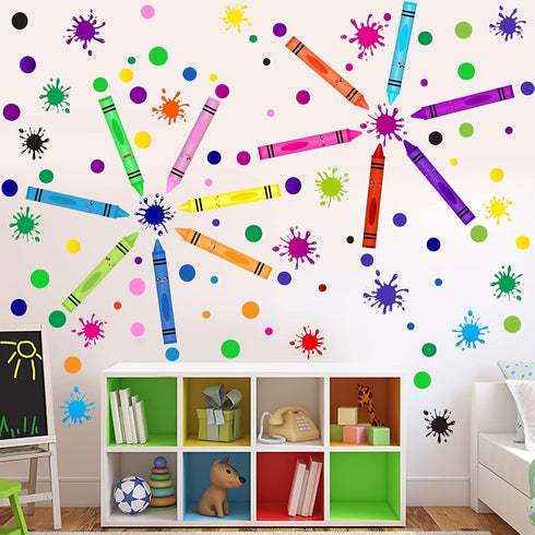 Outus 192 Pieces Crayon Wall Decals Splatter and Multicolor Paint Wall Sticker Crayon Splotches Polka Dot Decors