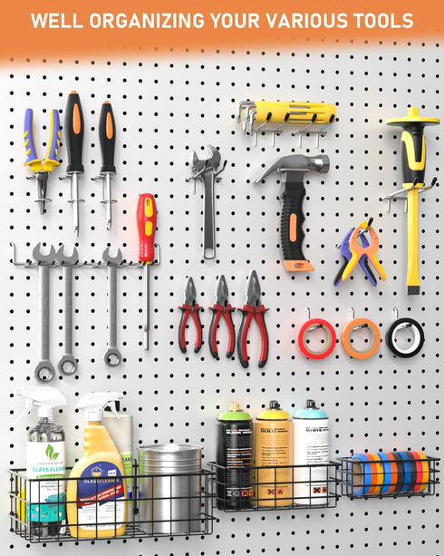 INCLY 1/4" Extra Thick Pegboard Accessories Kit, 100PCS Heavy Duty Metal Hooks & Baskets for Garage Organizer