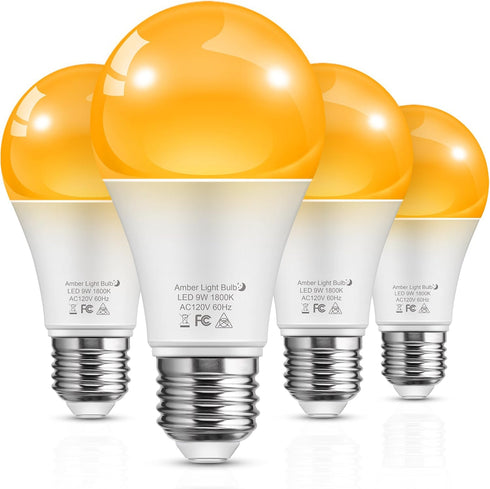 L LOHAS Amber Light Bulbs, Blue Light Blocking, A19 9W (60W Equivalent), Dimmable 1800K Warm Light, E26 Base, 4 Pack