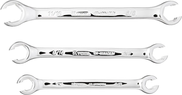 K Tool International 44003 SAE Flare Nut Wrench Set, 3 Piece for Garages, Repair Shops, DIY, Chrome Vanadium Steel