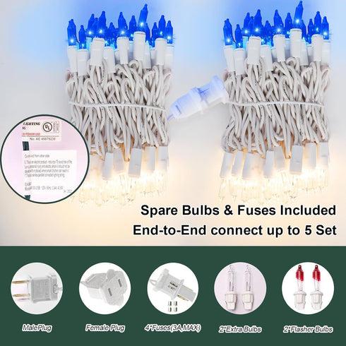 100 20FT Set, LAMPHOME Blue Clear Christmas String Lights, ct Incandescent Mini Fairy Lights UL Certified White Wire
