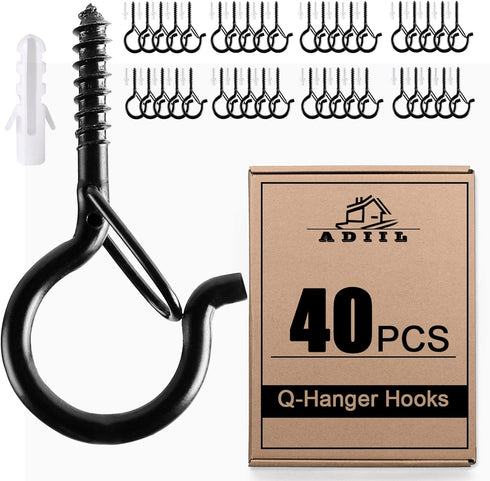ADIIL 40 PCS Q Hanger Hooks with Safety Buckle, Windproof Screw Hooks