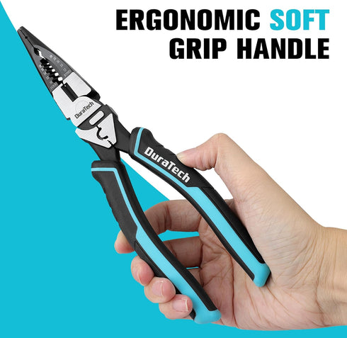 DURATECH 6-in-1 Needle Nose Pliers, 8.5" Multipurpose Long Nose Pliers with Wire Stripper and Cutter Function