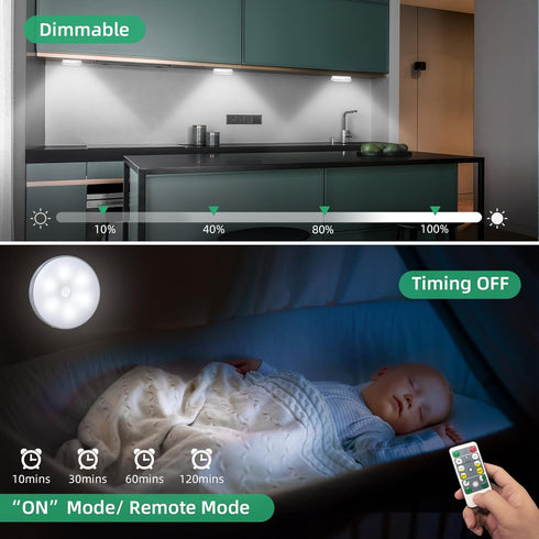 Closet Dimmer Counter, (6 Pack) LED Lights Wireless Motion Sensor Puck Light, Newest Version USB Rechargeable Step