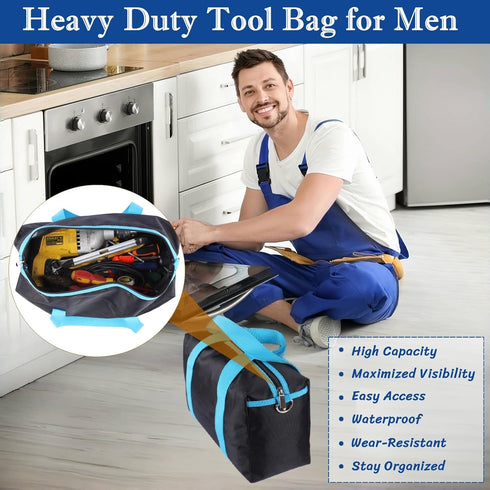 Wide Mouth Tool Bag, Heavy Duty Tote Bag for Men, High Capacity Organizer for Electricians Mechanics Carpenters (12