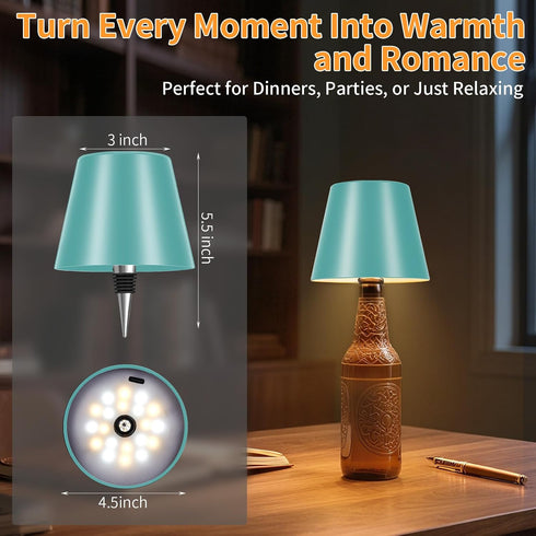3 Dimmable, 5H 48H Rechargeable Wireless Bottle Lamp - Color Stepless Metallic Sky Blue Lampshade, Bright Light or Soft