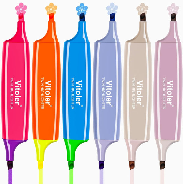 Vitoler 6 Pcs Highlighters, Aesthetic Bible Highlighters, 12 Assorted Colors Dual Tip No Bleed Marker Pens