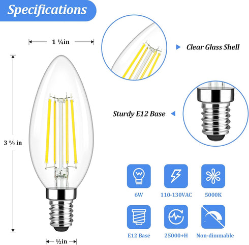 Brightever E12 Candelabra LED Light Bulbs 60 Watt Equivalent, 620 Lumen 6W Clear LED Filament Candle Bulbs, Daylight White 5000K Non-Dimmable Chandelier Light Bulbs for Ceiling Fan, Pack of 5 by Brightever