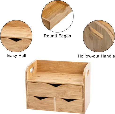 Hacaroa 3 Tier Bamboo Desktop Organizer with 3 Drawers, Portable Craft Box Cosmetic Storage for Office Supplies