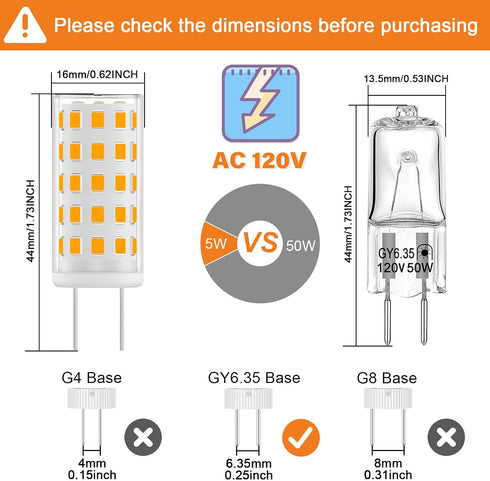 GY6.35 Bulb 120V 50W Bulb T4 GY6.35 2700K, 5W 500LM, GY6.35 Bulbs 5 Pack LED Halogen Equivalent, JC Type Bi-pin Base