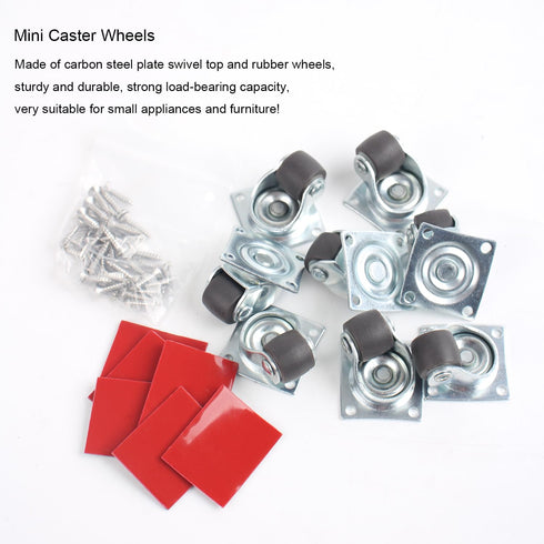 Mini Caster Wheels 0.5 Inch Low Profile Rubber Tiny Swivel Casters for Small Appliances, 8 Pack