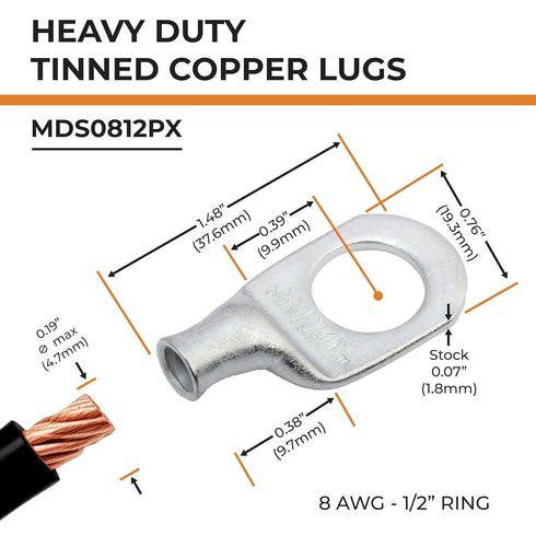 SELTERM 25pcs 8 AWG 1/2" Stud Marine Grade Tinned Copper Battery Cable Lugs, UL Electrical Connectors