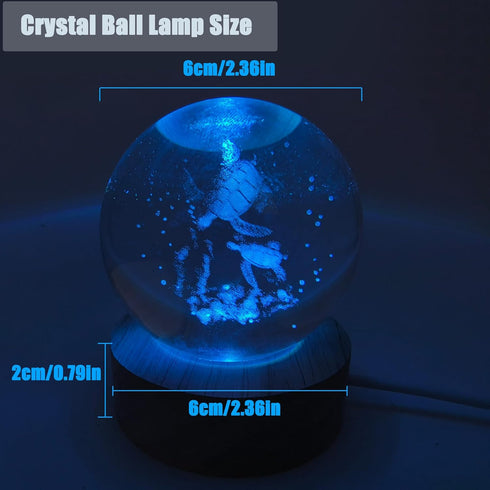 2.36 Inch 3D Sea Turtle Crystal Ball Night Light, Engraved Sea Turtle Crystal Ball lamp with Wooden Base, Turtle Decor