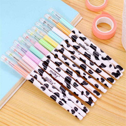 Yansanido 12 Colors Kawaii Cow Design Gel Pen, Office School Home Travel Gift for Friends and Students
