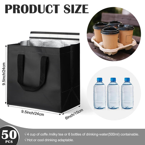 Grocery(9.45x9.45x5.91inch,Black,50 FoldTier Insulated Bags for Food Delivery, Lunch Bags Bulk Insulated Take Away Bag
