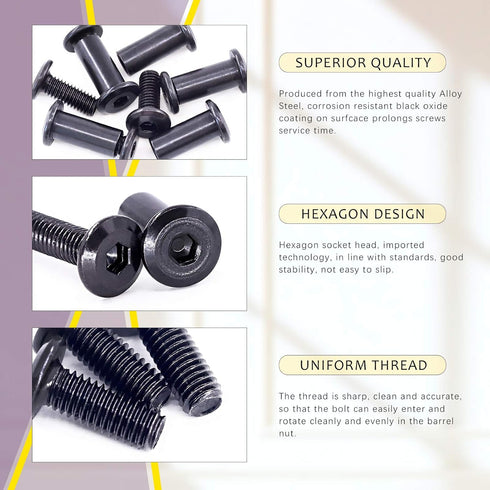 Swpeet 25Pcs M6x16mm Carbon Steel Black Hex Drive Socket Cap Bolts with Barrel Nuts Assortment Kit and Allen Wrench