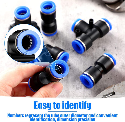 Push to Connect Fittings Air Line Fittings Kit, 60 Pieces Quick Release Pneumatic Connectors, Blue, 1/2 Inch OD