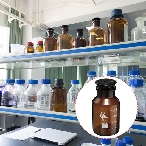 PATIKIL 1Pcs 500mL Reagent Media Bottle, Round 3.3 Borosilicate Glass Graduated Storage Bottle with Amber Cap