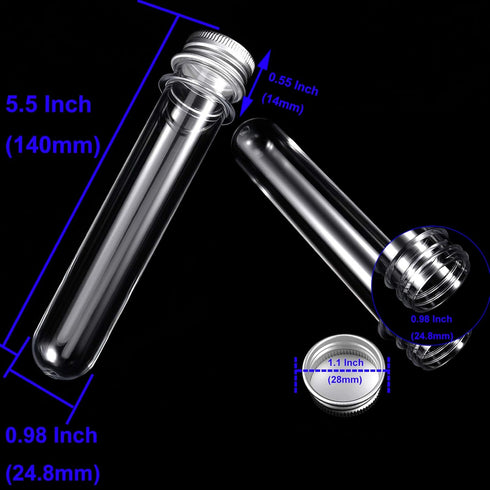 50 PCS 140 x 25mm Clear Test Tubes with Screw Caps, 40ml Plastic Test Tube with Aluminum Covers for Sample Christmas Candy Bath Salt Science Party Favors