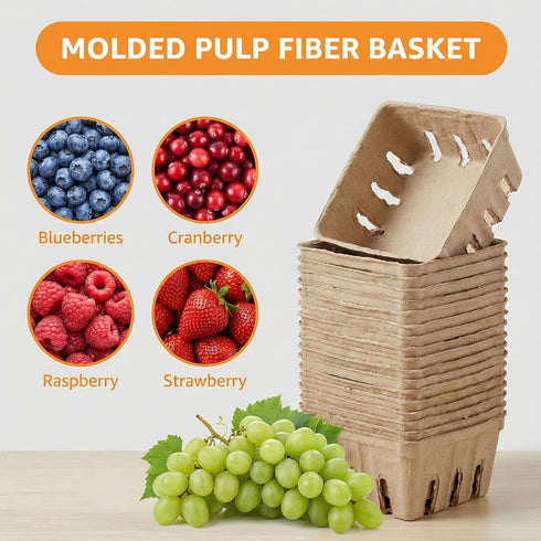QMNWJMR 15 Pack Natural Pulp Fiber Berry Basket, Small Vented Produce Baskets for Farmers Market Display, Fruit