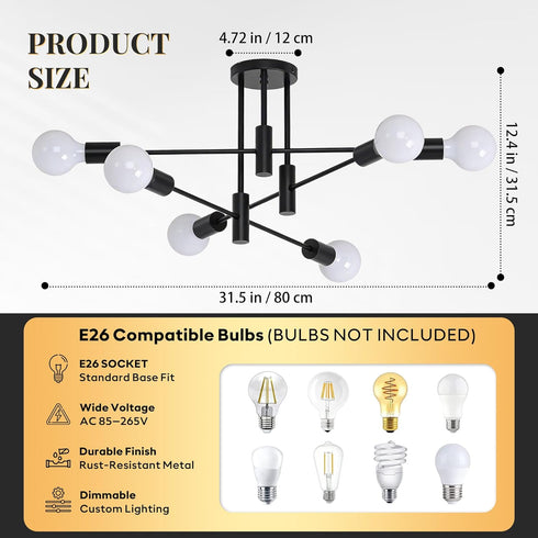 6-Light Sputnik Light Fixture, Solid Matte Black Mid-Century Modern Chandelier for Dining Room, Kitchen, Living Room