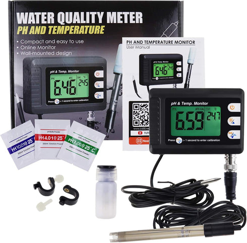 2 in 1 Temperature pH Monitor Meter Tester, 0~14.0 pH Automatic Buffer Recognition for Hydroponics and Water Testing