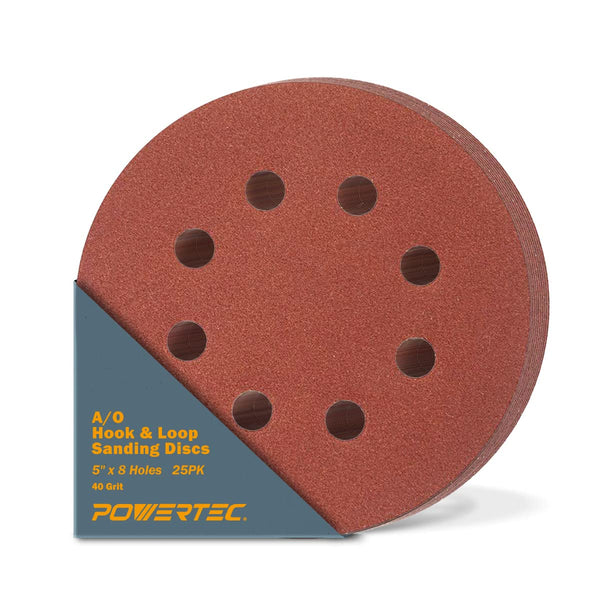POWERTEC 25PK Sanding Discs, 5 Inch, 40 Grits, Hook and Loop, 8 Hole Aluminum Oxide Sandpaper for Random Orbital Sander
