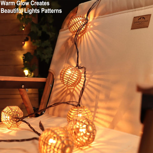 TWINKVILLA 10 Bulbs, Decorative String Lights Plug in with Incandescent Natural Rattan Globe Boho Lantern String Lights