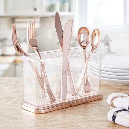 mDesign Plastic Organizer Cup Holder, Divided Storage Organizer for Desks, Office, Tables, Workspaces - Stores Pen, Pencils, Markers, Scissors - 3 Sections - Clear/Rose Gold by mDesign