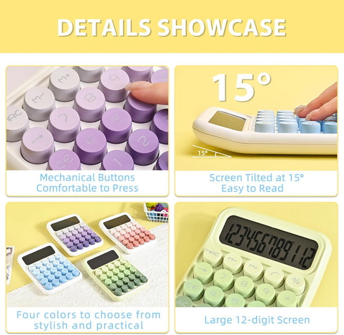 Cute Desktop Mechanical Calculator with 12 Digits Large LCD Display, Big Buttons for Office Home School (Purple)