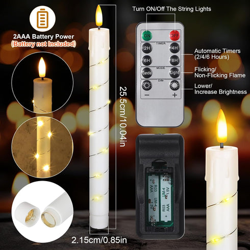 10 10 Inch Rossesay Pcs LED Flameless Taper Candles with String Light and Remote Ivory Battery Powered Flameless