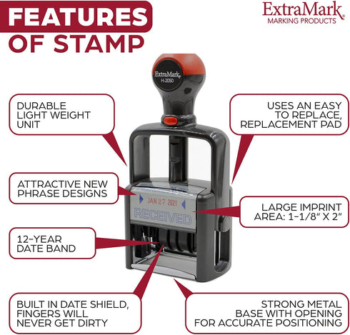 Heavy Duty Office Date Stamp with Received, Self Inking Dater, Style B, Blue & Red Ink