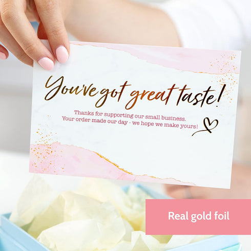 50 4x6 T MARIE Large Gold Foil Thank You Postcards Small Business Supplies for Boutique Shops - Gold and Pink Thank You