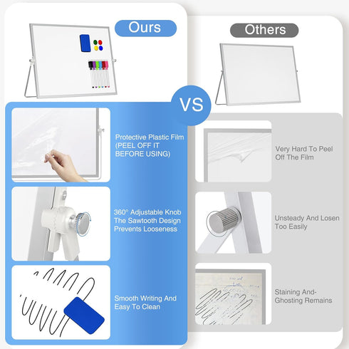 Magnetic Desktop Whiteboard with Stand, 16'' x 12'' Double-Sided Dry Erase Board with 6 Markers and 1 Eraser