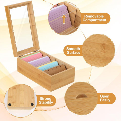 DLUGOPIS 3x5 4 1200 5.9"W 10"D 4"H Bamboo Index Card Organizer - Index Card Holder Box With Dividers - Wood Recipe Box