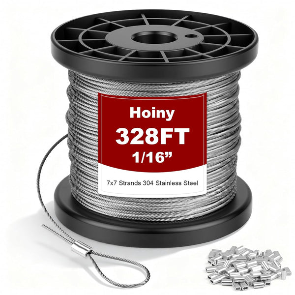 Hoiny 328FT 1/16" Wire Rope Kit, 304 Stainless Steel Cable with 100Pcs Crimping