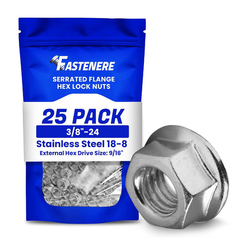 Fastenere Serrated Flange Nuts 3/8"-24 (25-Pack), Durable Stainless Steel 18-8 Hex Lock Hardware