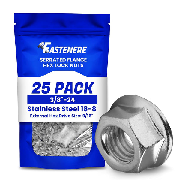 Fastenere Serrated Flange Nuts 3/8"-24 (25-Pack), Durable Stainless Steel 18-8 Hex Lock Hardware